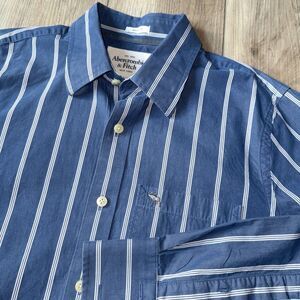 Y2K Abercrombie & Fitch Men's L Shirt Blue Striped Long Sleeve Preppy Logo 90s